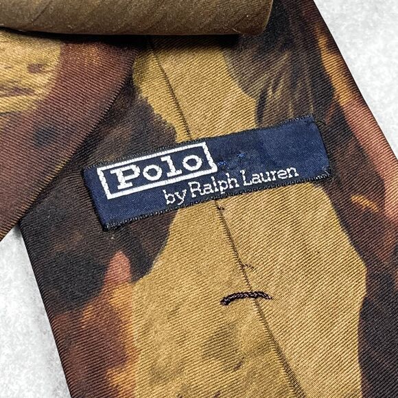 Polo Ralph Lauren Tie Mens Brown Silk Football Player Print Polo Sport Made USA - Picture 9 of 15